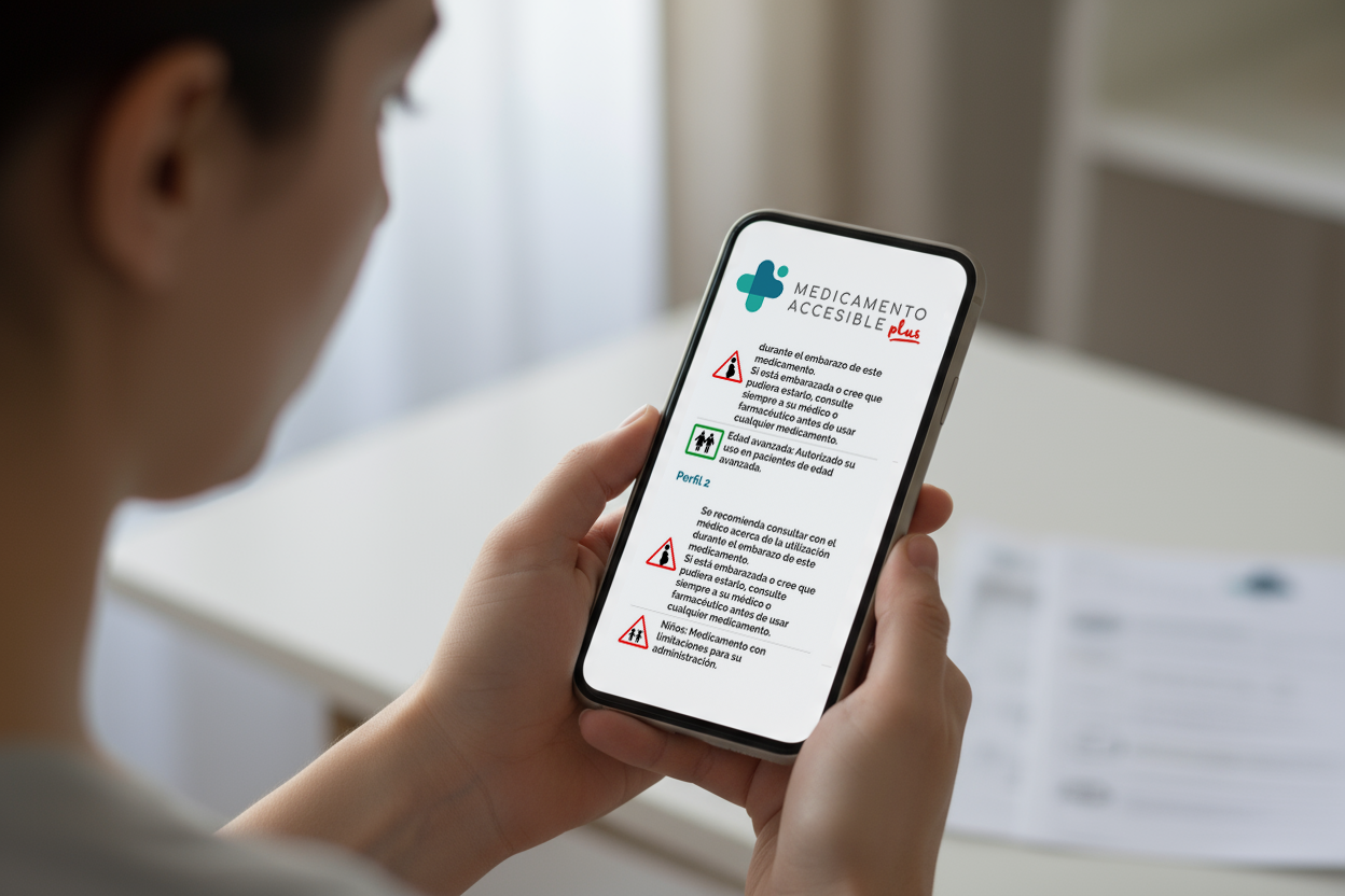 Persona consultando en su móvil la app medicamentos Medicamento Accesible Plus con pictogramas de advertencia y alertas personalizadas.