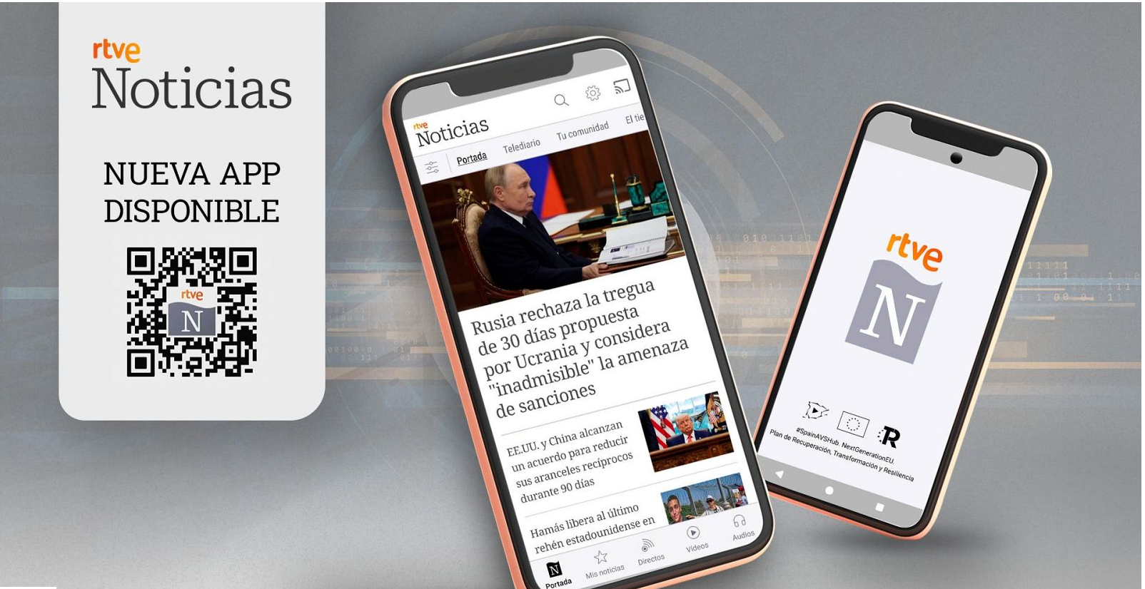 Cartel de Promoción de la nueva app RTVE Noticias con dos teléfonos móviles mostrando la interfaz y un código QR para su descarga.