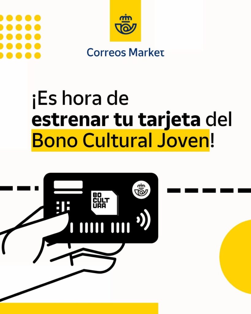 Ilustración promocional de Correos Market animando a utilizar la tarjeta del Bono Cultural Joven.