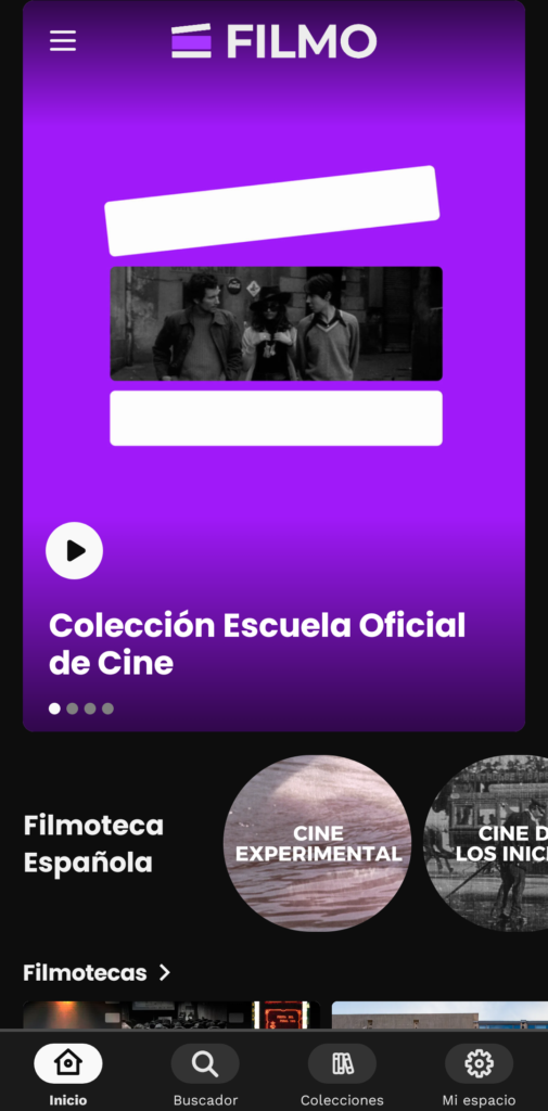 Captura de la app de PLATFO en el móvil con el módulo FILMO y la ‘Colección Escuela Oficial de Cine’ en pantalla.