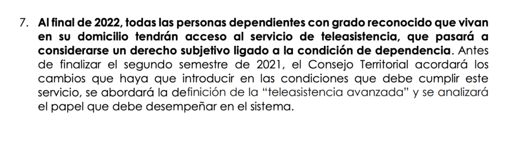 Captura del documento oficial "Plan deChoque en Dependencia 2021-2023" que establece la teleasistencia como derecho subjetivo para todas las personas dependientes, destacando la necesidad de avanzar hacia una teleasistencia más moderna.