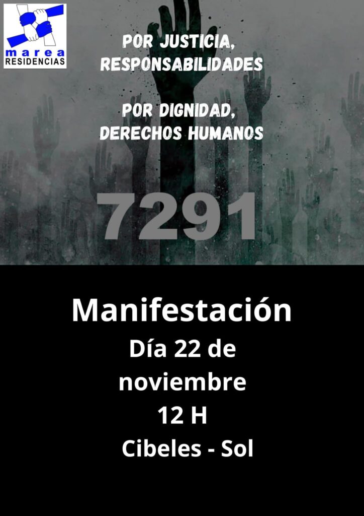 Cartel de la manifestación del 22 de noviembre por justicia en residencias de mayores, con el lema “por justicia, responsabilidades; por dignidad, derechos humanos” y la cifra 7.291.