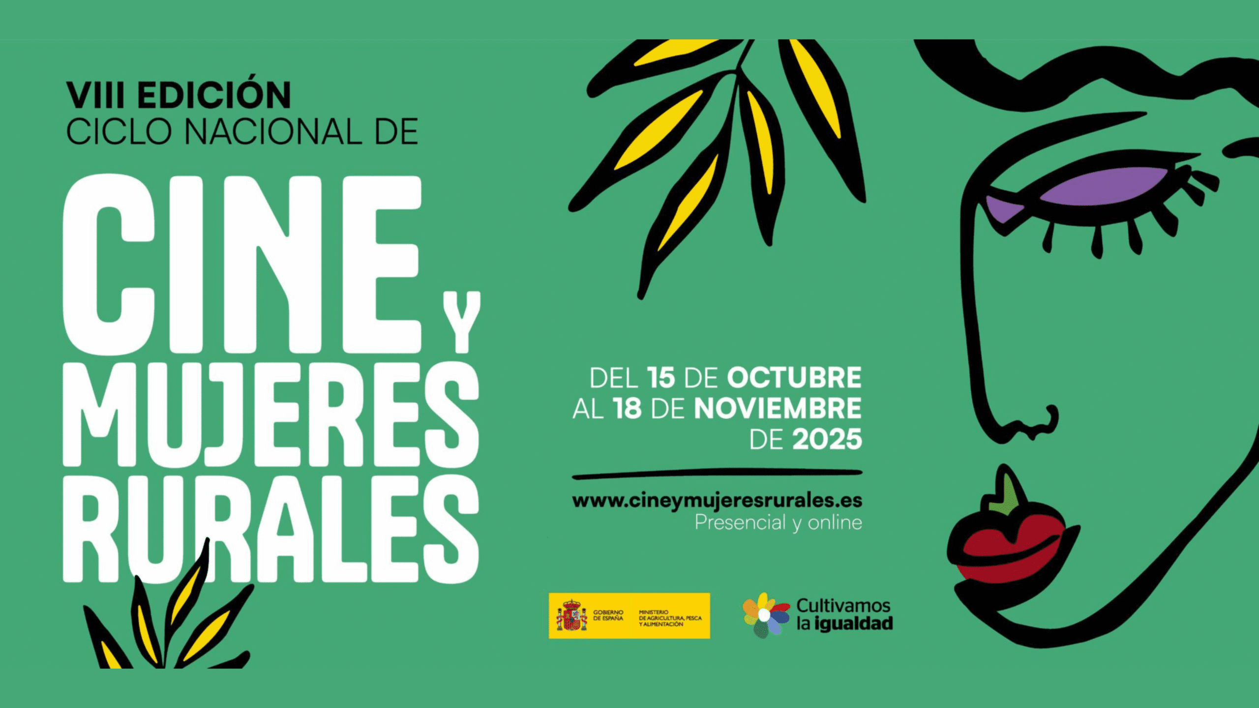 Cartel de la VIII edición del Ciclo Nacional de Cine y Mujeres Rurales 2024, con información sobre las películas y fechas de proyección online y presencial.