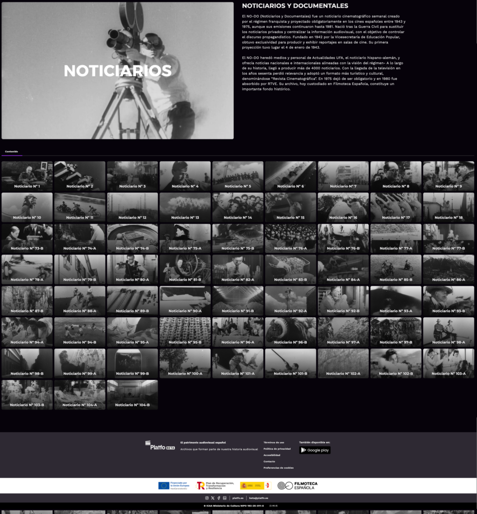 Captura de pantalla de PLATFO con el apartado ‘Noticiarios’ del NO-DO y una parrilla de vídeos para su consulta