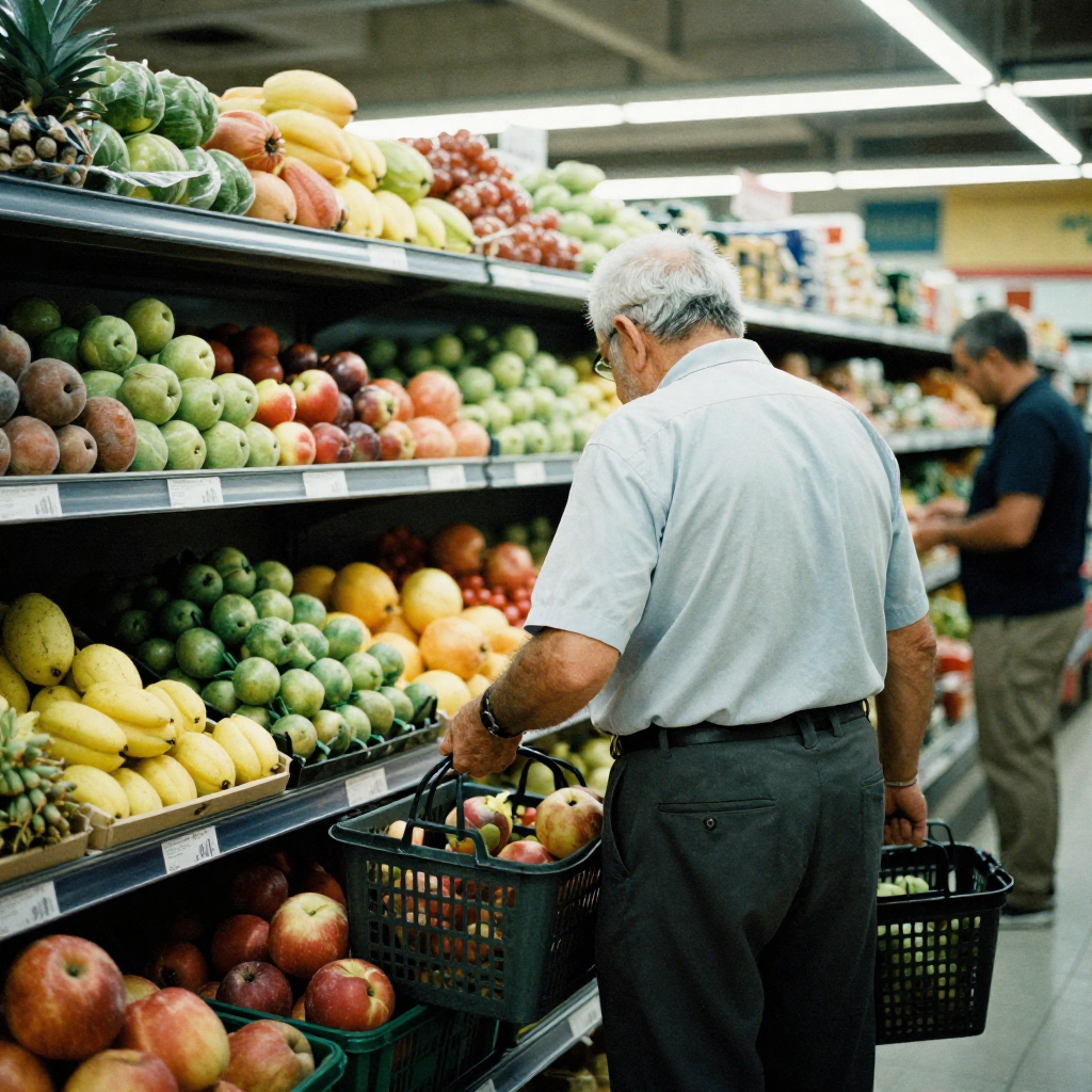 Imagen generada con inteligencia artificial que muestra a una persona mayor de espaldas seleccionando fruta en un supermercado.